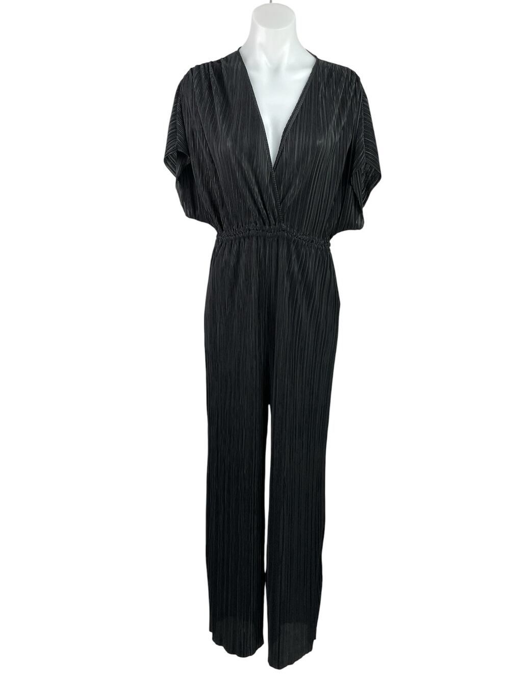 Zara Black Pleated Plisse Faux Wrap Short Sleeve Wide Leg Romper Jumpsuit Size S